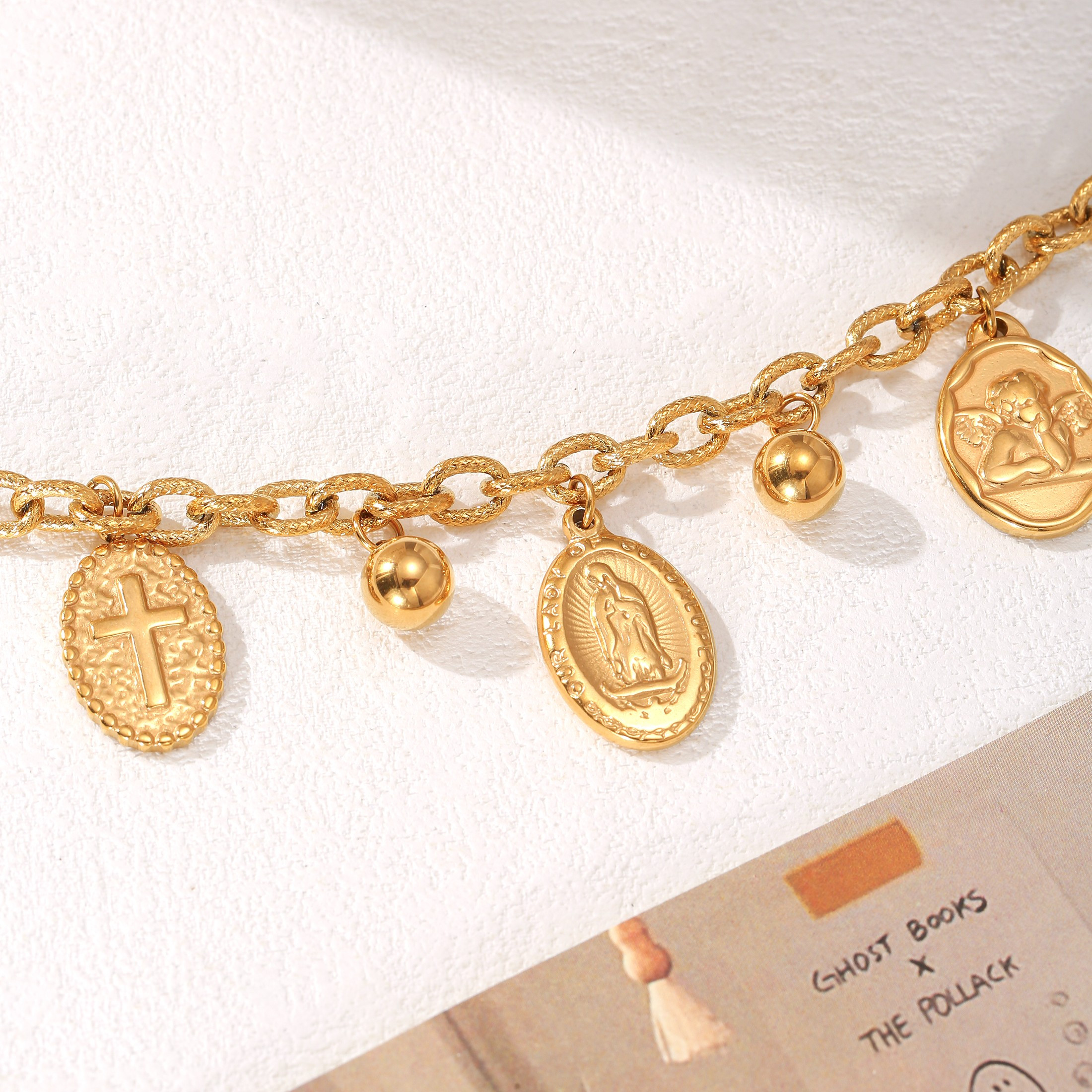 LNCHRAN Women's Gold Steel Bracelet with Charms - Hypoallergenic